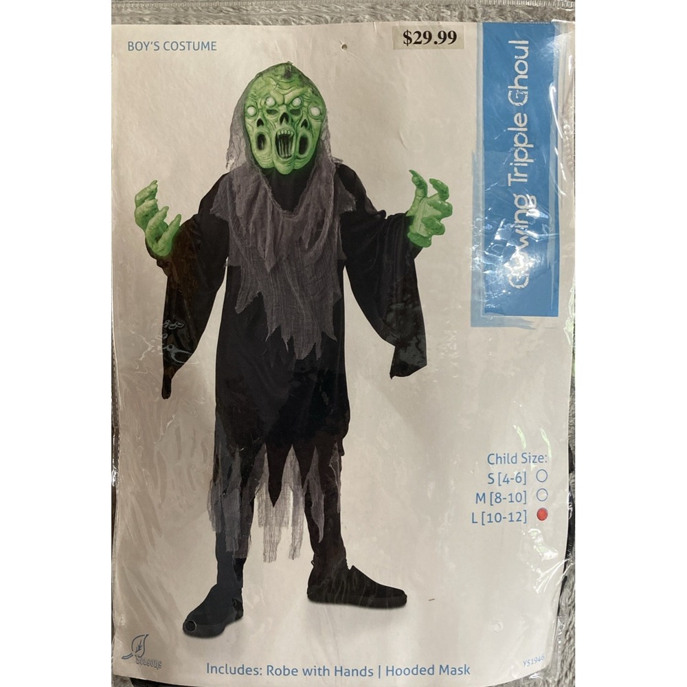 Glowing Tripple Ghoul costume child Size Large 10-12 Scary Zombie‎ New